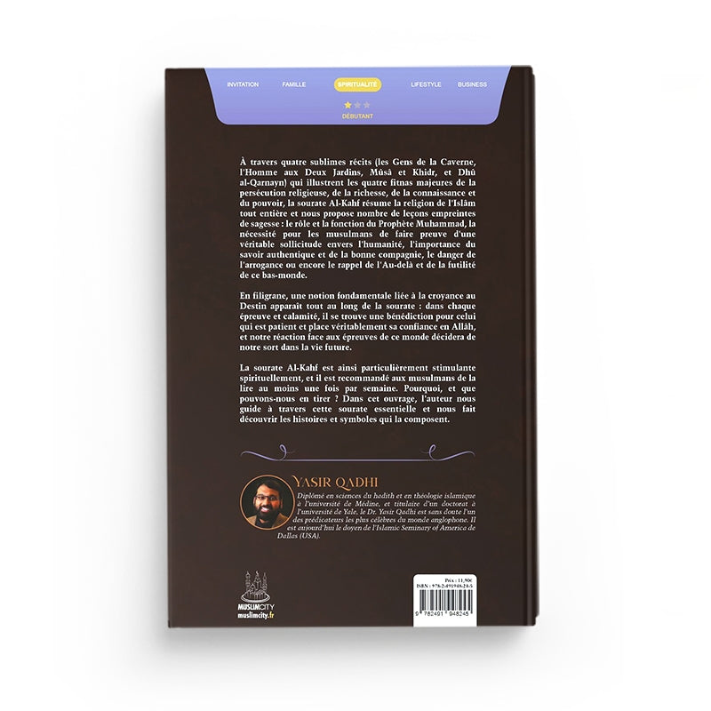 Livre "Les leçons de la sourate Al Kahf" de Yasir Qadhi, publié par Muslim City, avec couverture illustrée.