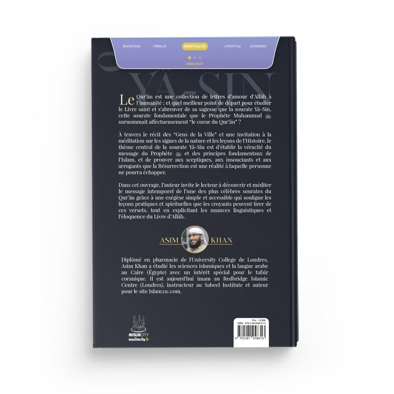 Livre "Les Leçons de la Sourate Yâ-Sîn" d'Asim Khan, édition Muslim City, couverture avec titre en arabe et français.