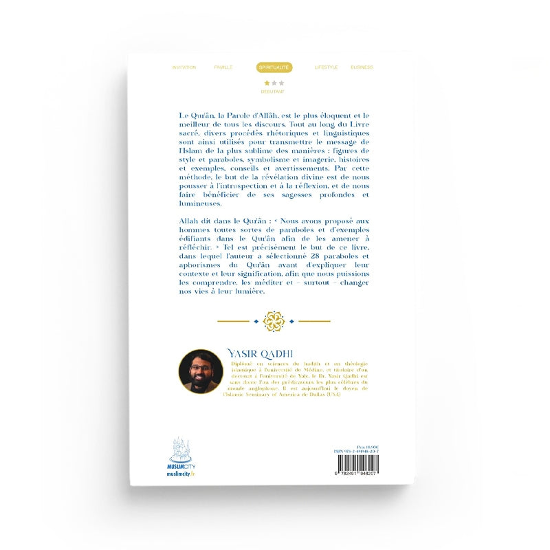 Livre "Les Paraboles du Qur'an" de Yasir Qadhi, publié par Muslim City, illustrant 28 figures de style du Livre d'Allah.