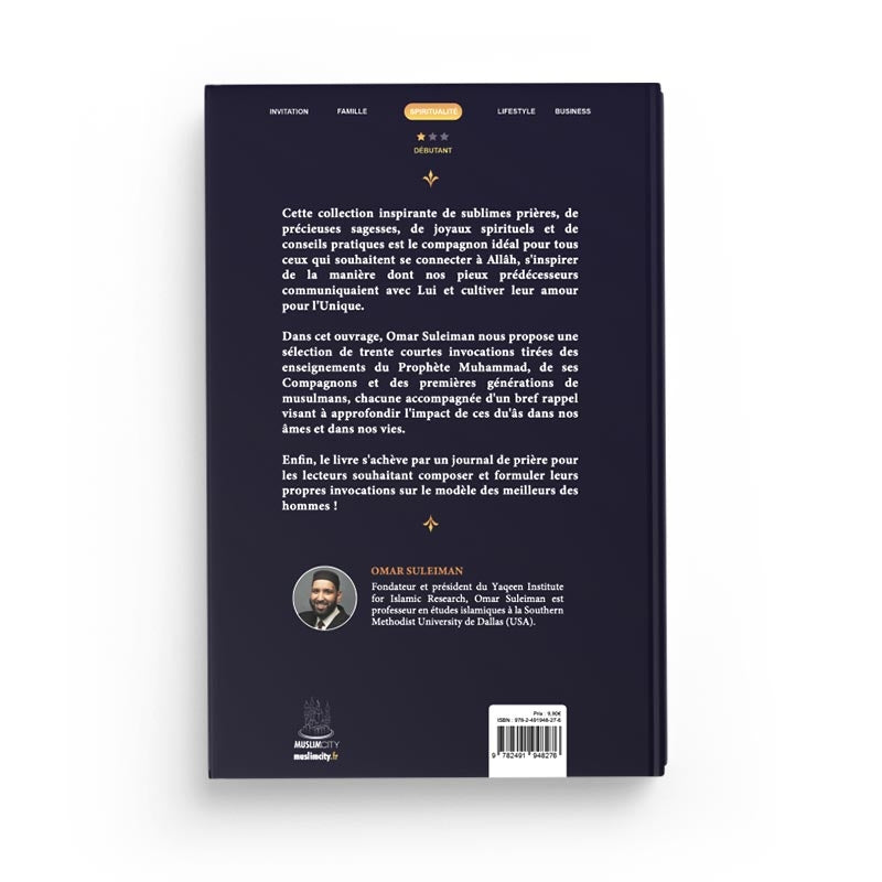 Livre Les Prières des Pieux d'Omar Suleiman, ouvrage de Muslim City, présentant des prières musulmanes dans une couverture sobre.