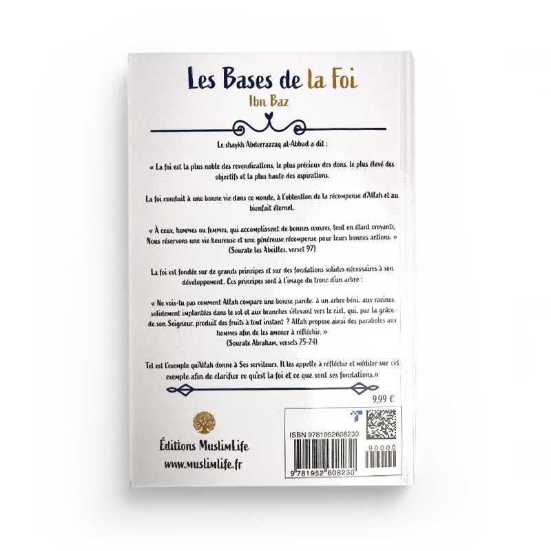 Livre "Les Bases de la Foi" d'Ibn Baz, édition Muslim Life, couverture avec titre en arabe et design sobre.