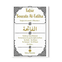 Livre Tafsir Sourate Al-Fatiha par Muslim Life, avec exégèses des grands érudits du Coran, couverture avec titre et logo.