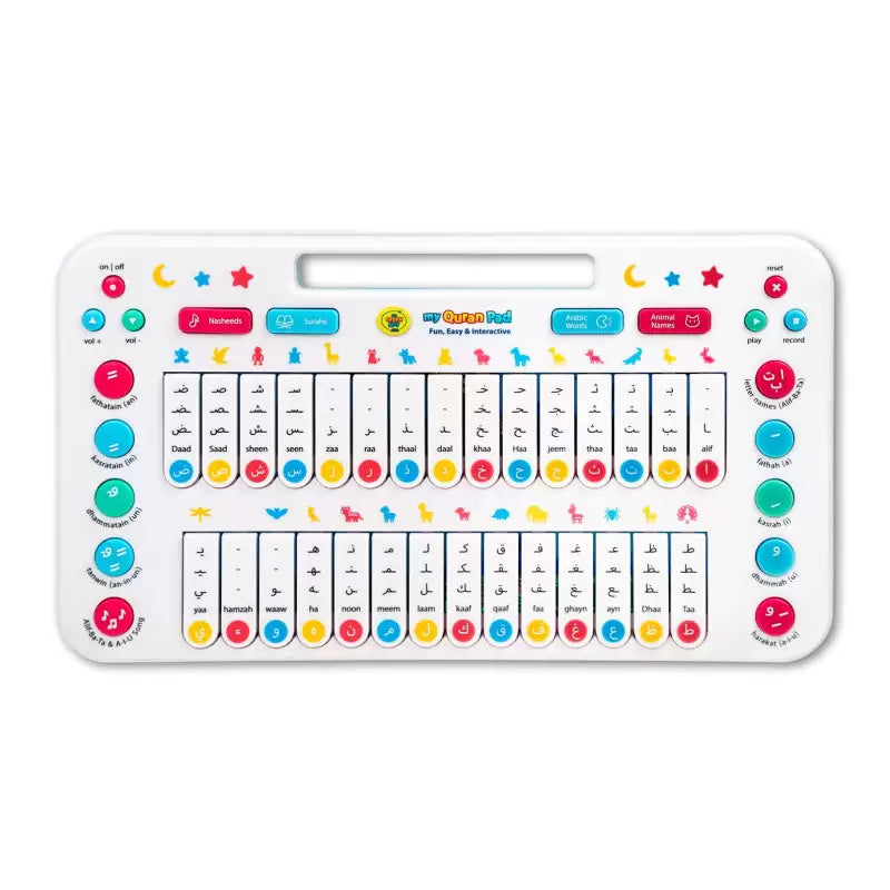 Tablette éducative interactive My Quran Pad de My Salah Mat pour enfants, avec écran et fonctionnalités éducatives.