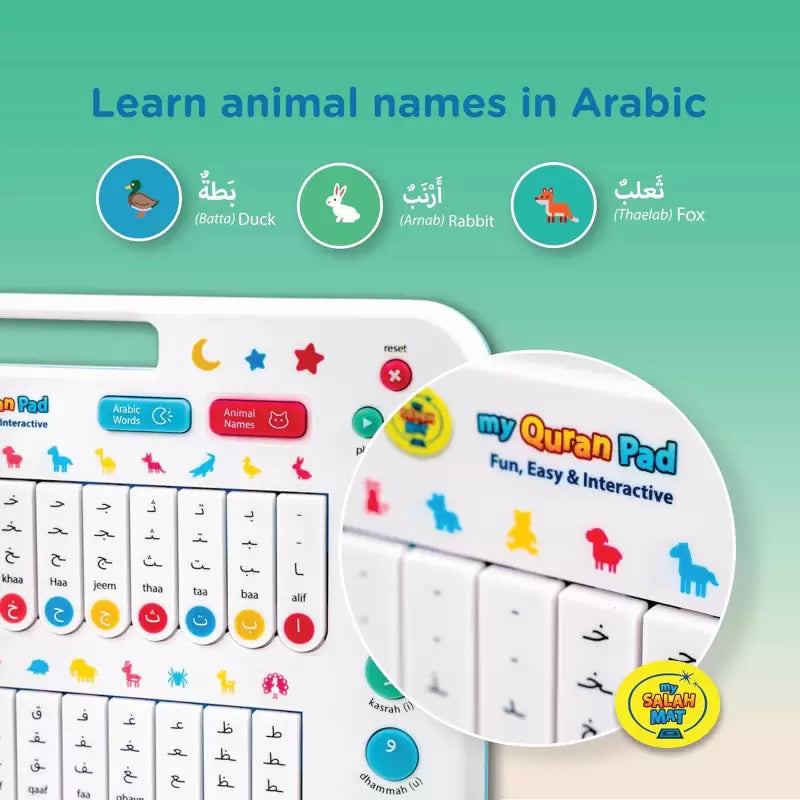 Tablette éducative interactive My Quran Pad, jeu électronique pour enfants avec thèmes sur le Coran et la prière.