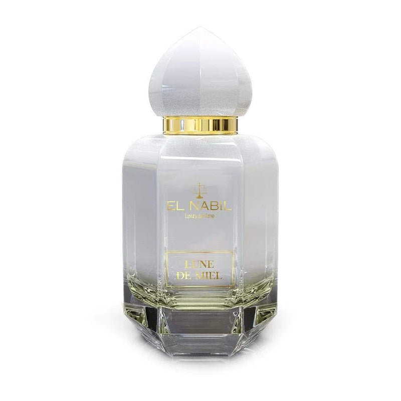 Parfum Nabil Lune De Miel, bouteille de 65 ml, flacon élégant avec étiquette dorée et parfum floral et sucré visible.