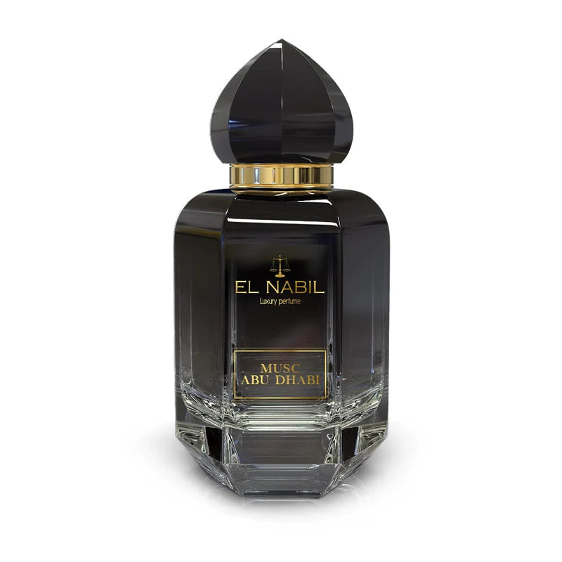 Flacon de parfum Musc Abu Dhabi El Nabil, Eau de Parfum 65ml, avec design élégant et étiquette visible.
