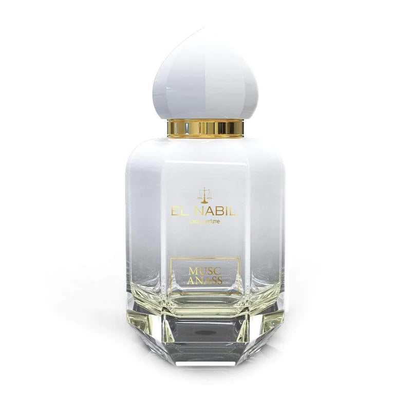 Parfum Musc Anass Nabil, flacon de 65 ml, avec étiquette élégante et vaporisateur, présenté sur fond neutre.