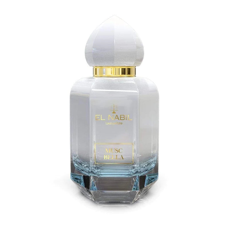 Flacon de parfum Musc Bella de Nabil, Eau de Parfum 65ml, avec design élégant et étiquette visible.