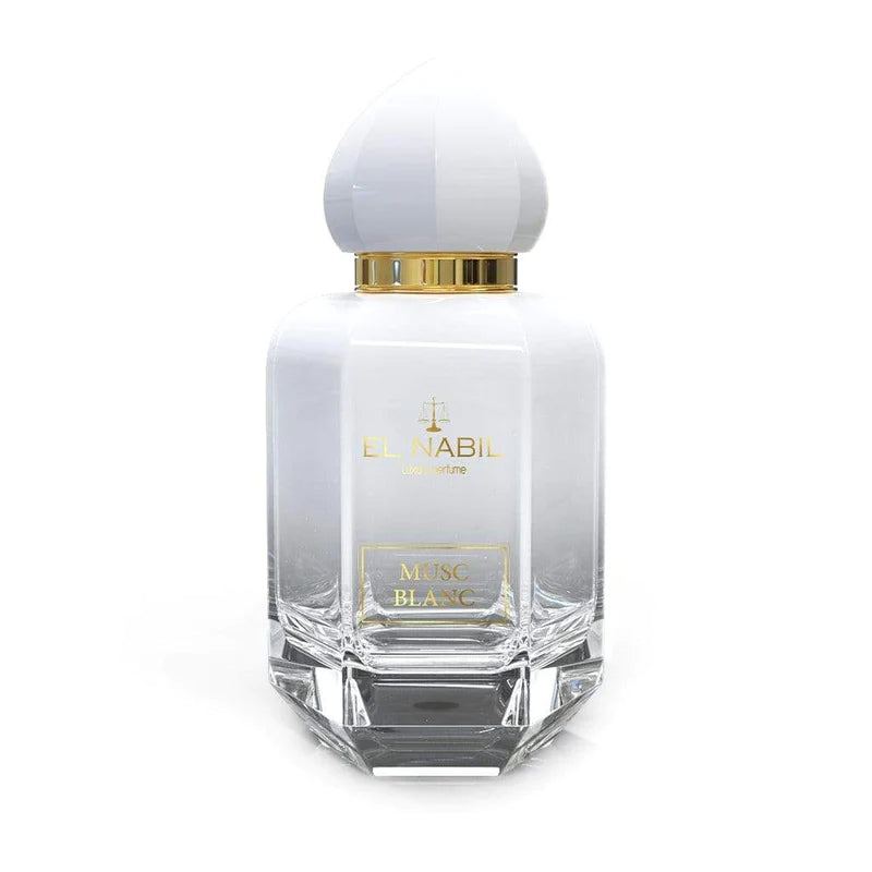 Parfum Musc Blanc de Nabil, flacon de 65ml, vaporisateur d'eau de parfum avec un design élégant blanc et or.