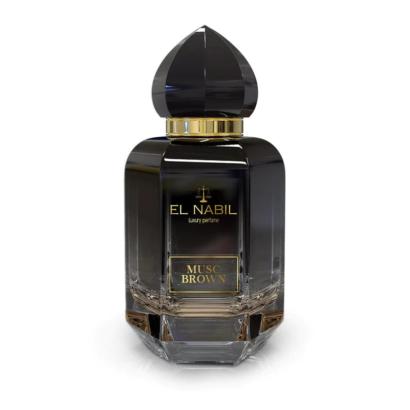 Flacon de parfum Musc Brown d'El Nabil, eau de parfum 65ml avec design élégant et étiquette indiquant la fragrance Musc Brown.