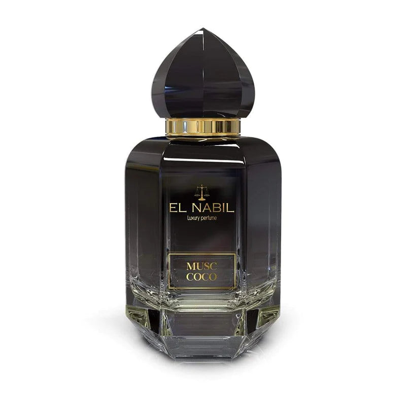 Parfum Musc Coco El Nabil 65ml avec flacon élégant, parfum de luxe aux notes boisées et coco, pour femmes et hommes.