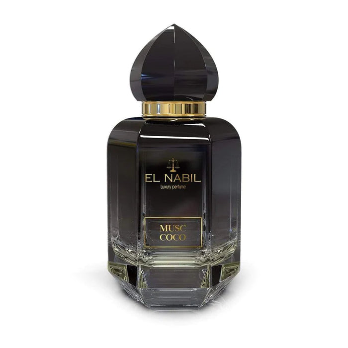 Parfum Musc Coco El Nabil 65ml avec flacon élégant, parfum de luxe aux notes boisées et coco, pour femmes et hommes.