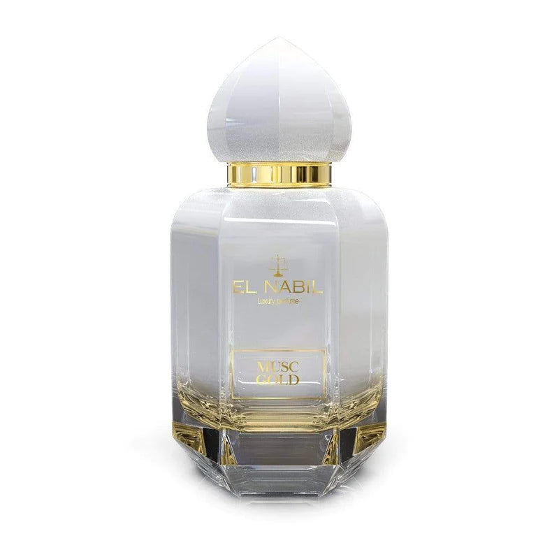Flacon de parfum Musc Gold El Nabil, eau de parfum de 65 ml, avec design élégant et étiquette dorée.