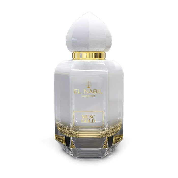 Flacon de parfum Musc Gold El Nabil, eau de parfum de 65 ml, avec design élégant et étiquette dorée.