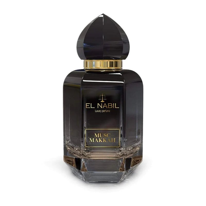 Parfum Musc Makkah El Nabil, flacon de 65 ml avec design élégant, parfum de musc envoûtant, bouteille en verre transparent.