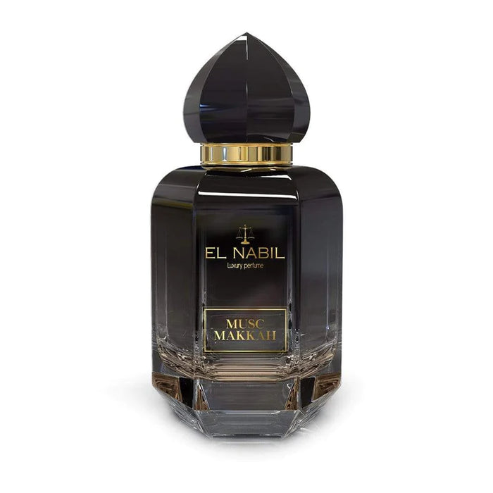 Parfum Musc Makkah El Nabil, flacon de 65 ml avec design élégant, parfum de musc envoûtant, bouteille en verre transparent.