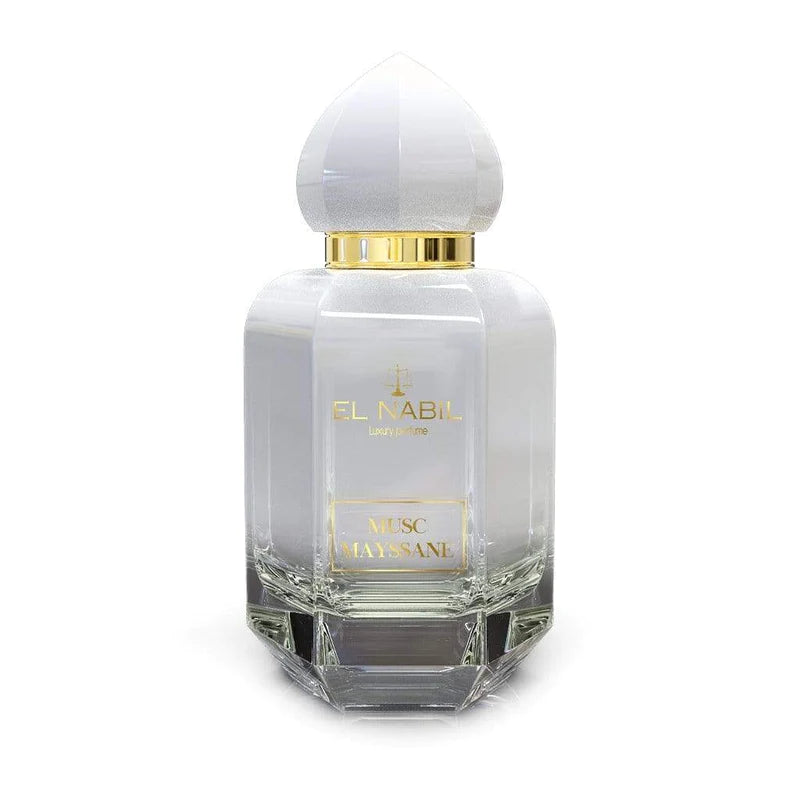 Parfum Musc Mayssane d'El Nabil, flacon de 65 ml, bouteille en verre avec étiquette élégante, parfum oriental et floral.