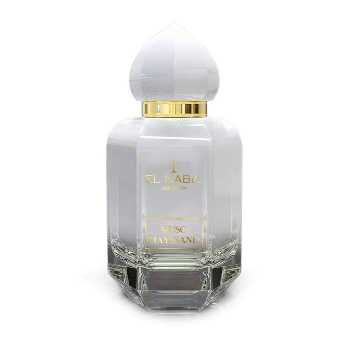 Parfum Musc Mayssane d'El Nabil, flacon de 65 ml, bouteille en verre avec étiquette élégante, parfum oriental et floral.