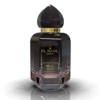Parfum Musc Oud Nabil, eau de parfum 65ml avec flacon élégant, mettant en valeur la fragrance riche et boisée.