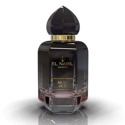 Parfum Musc Oud Nabil, eau de parfum 65ml avec flacon élégant, mettant en valeur la fragrance riche et boisée.