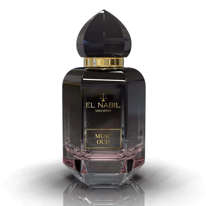 Parfum Musc Oud Nabil, eau de parfum 65ml avec flacon élégant, mettant en valeur la fragrance riche et boisée.