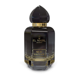 Flacon de parfum Musc Sauvage de Nabil, Eau de Parfum 65 ml, avec étiquette élégante et bouchon en verre.