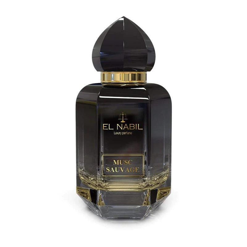 Flacon de parfum Musc Sauvage de Nabil, Eau de Parfum 65 ml, avec étiquette élégante et bouchon en verre.