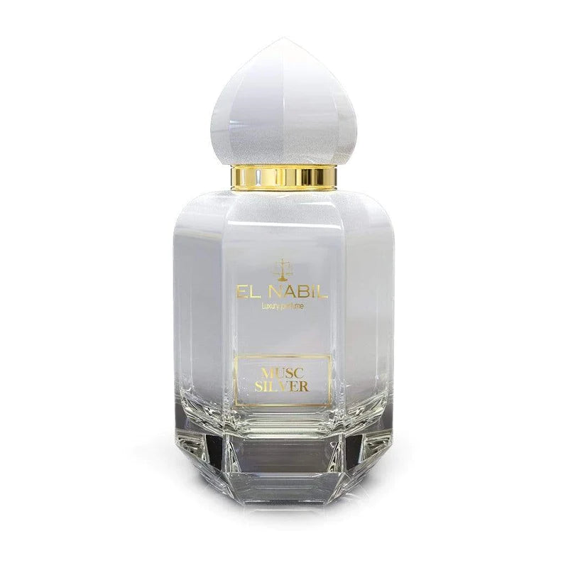 Parfum Musc Silver d'El Nabil, eau de parfum 65ml, flacon élégant avec logo, fragrance musquée et rafraîchissante.