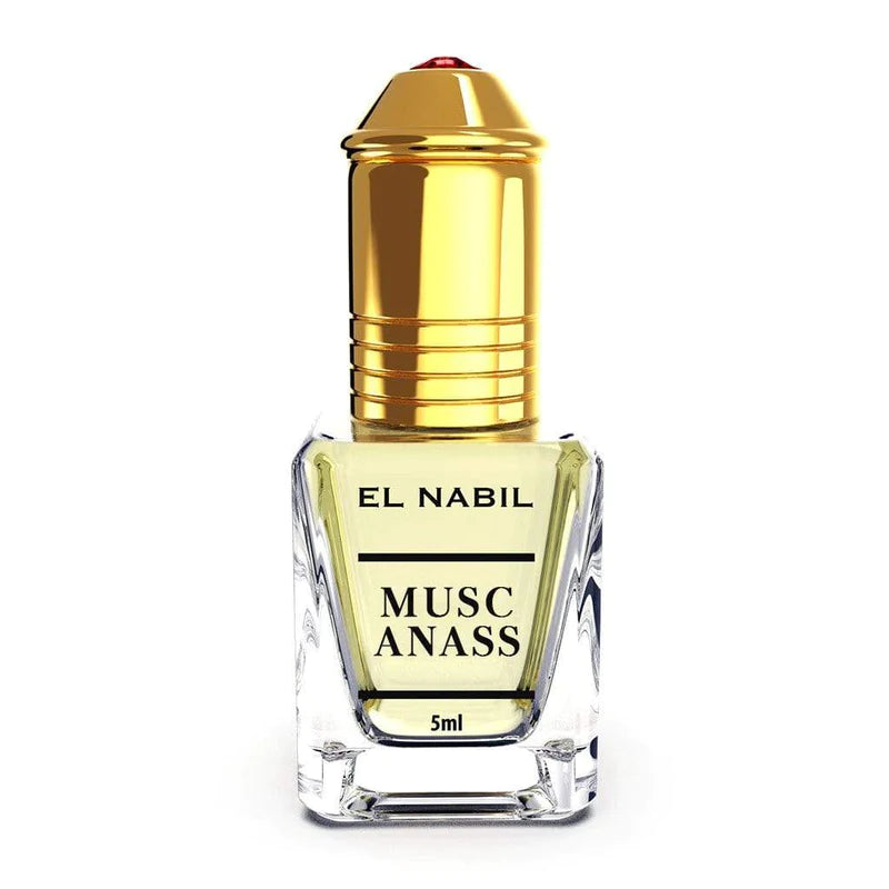 Roll-on parfum Nabil Musc Anass de 5ml, flacon compact avec bouchon, fragrance orientale et musquée.