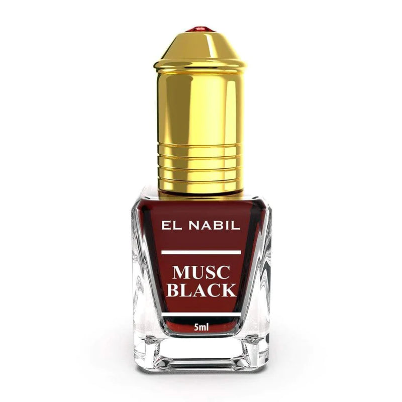 Parfum Nabil Roll-On Musc Black 5ml, flacon petit et élégant, contenant un parfum musc noir pour une fragrance subtile.