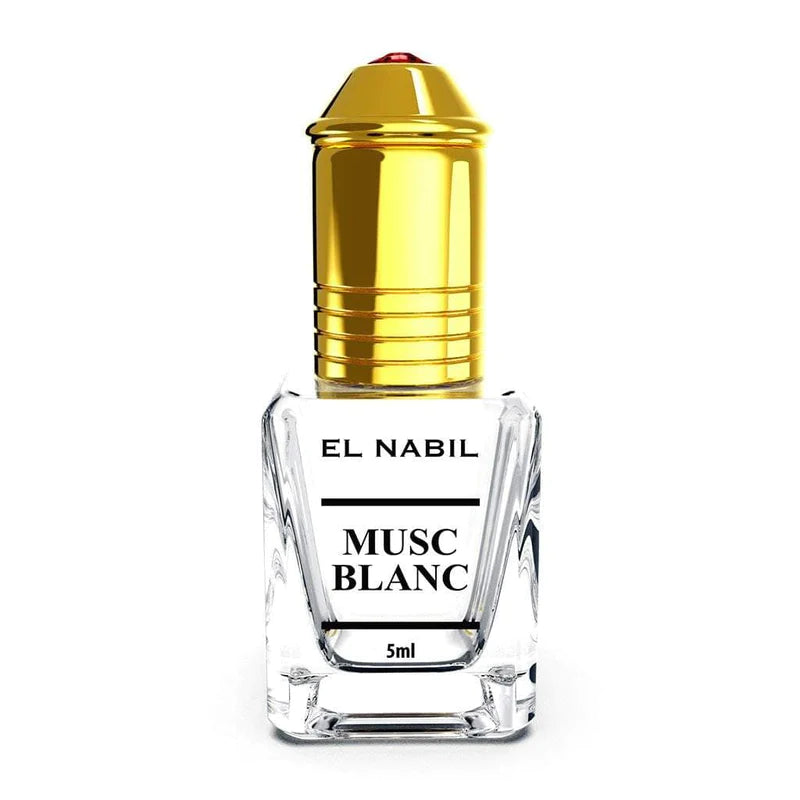 Roll-on Parfum Nabil Musc Blanc 5ml, flacon compact avec bouchon, parfum floral et musqué.