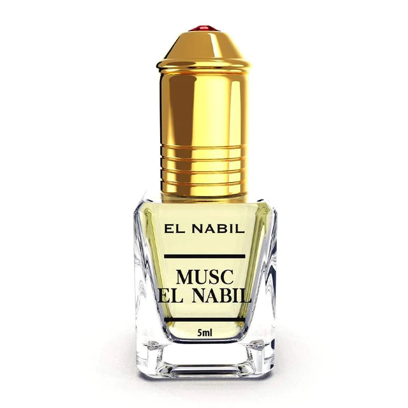 Roll-on Parfum Nabil Musc El Nabil 5ml, flacon compact avec bouchon, illustration du parfum musqué dans un flacon élégant.