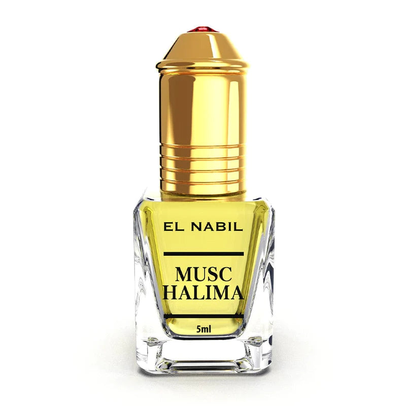 Roll-on parfum Nabil Musc Halima de 5ml, flacon compact avec bouchon, parfum envoûtant et floral.