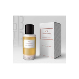 Parfum Amber & Spicy N°6 de Note33, flacon de 50 ml avec étiquette, mettant en valeur un parfum épicé et chaleureux.