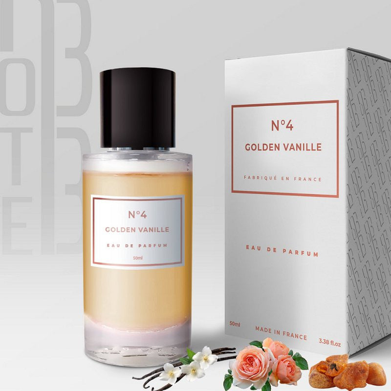 Parfum Golden Vanille N°4 de Note33, flacon de 50 ml, avec une étiquette élégante et une finition dorée.