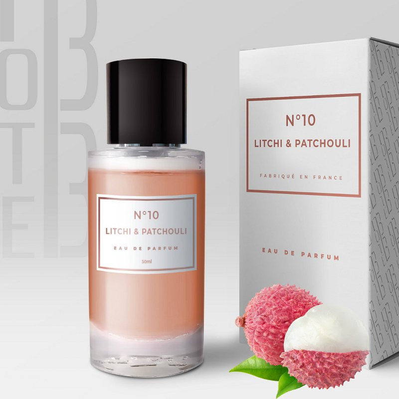 Parfum Note 33 Litchi & Patchouli N°10, flacon de 50ml, avec étiquette élégante et design sophistiqué.