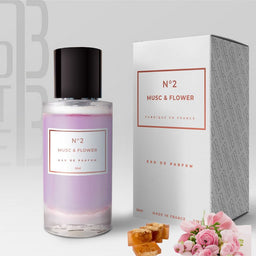Parfum Musc & Flower N°2 de Note33, flacon de 50ml, mettant en valeur une fragrance florale et musquée élégante.