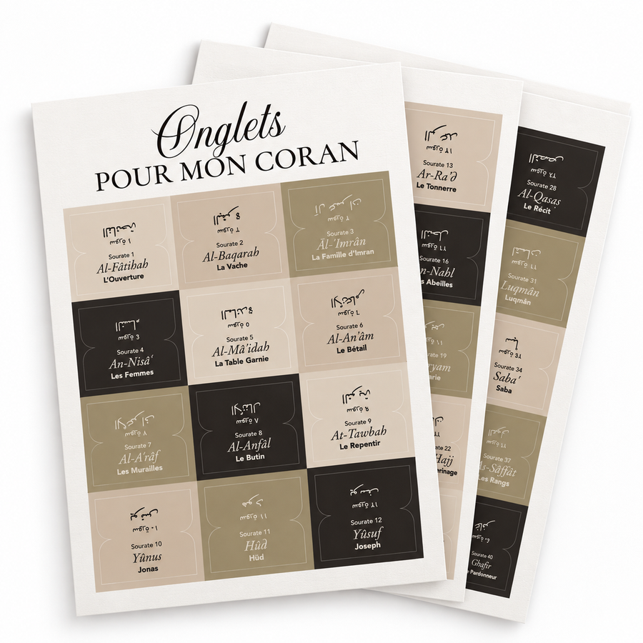 Planche d'onglets pour Coran beige, 114 sourates en arabe, français et phonétique