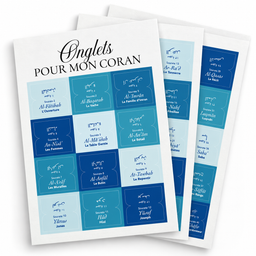 Autocollants Onglets Coran 114 Sourates en français et arabe, bleu turquoise, pour faciliter la lecture et l'organisation.