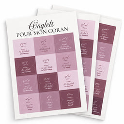 Autocollant Onglets Coran avec 114 Sourates en français et arabe, design rose pivoine, pour organizer et marquer le Coran.