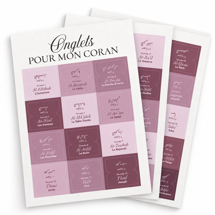 Autocollant Onglets Coran avec 114 Sourates en français et arabe, design rose pivoine, pour organizer et marquer le Coran.