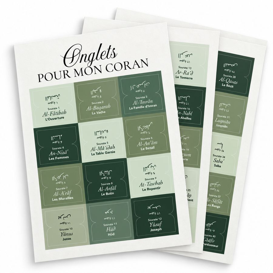 Planche d'onglets pour Coran verte, 114 sourates en arabe, français et phonétique