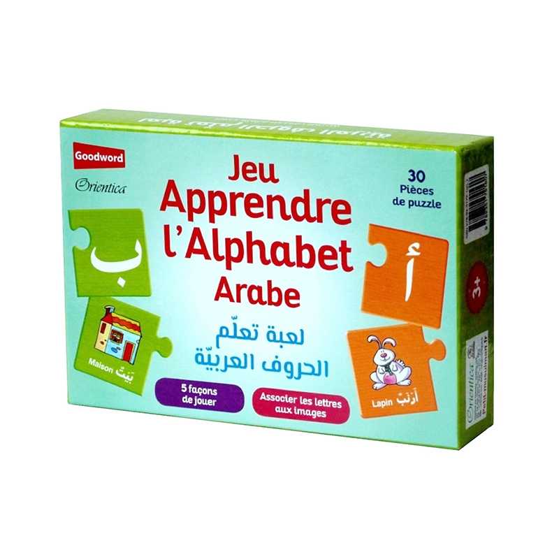 Jeu éducatif pour enfants Apprendre l'alphabet arabe, marque Orientica, avec des cartes colorées et illustrations éducatives.