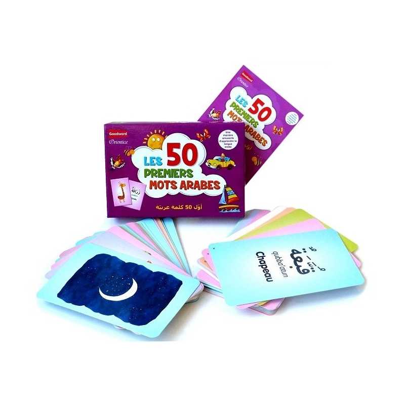 Jeux pour enfant Les 50 Premiers Mots Arabes de la marque Orientica, livre éducatif avec pages colorées et illustrations.