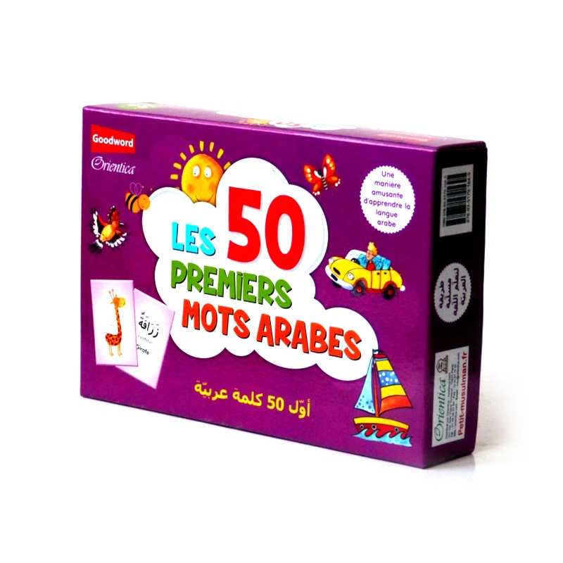Jeu pour enfant Les 50 Premiers Mots Arabes d'Orientica, cartes avec mots arabes et illustrations éducatives.