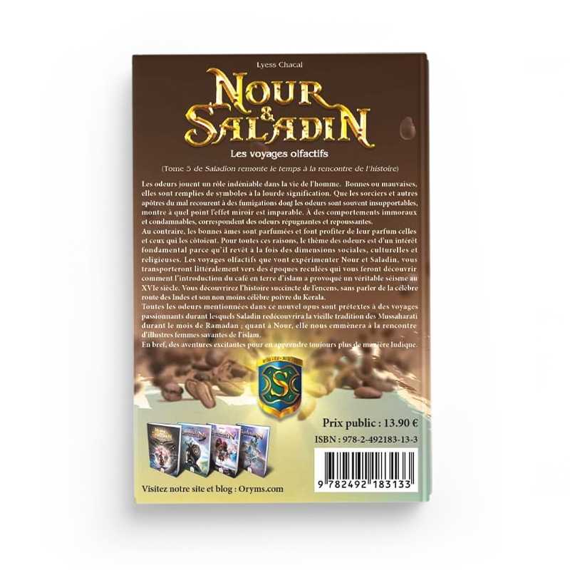 Livre Nour & Saladin Tome 5 : Les Voyages Olfactifs par Lyess Chacal, publié par Oryms, couverture avec titre et illustrations.