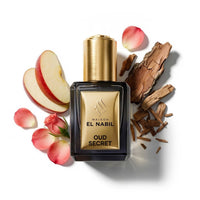 Parfum Nabil Roll-On Oud Secret 5ml, flacon en verre avec applicateur à bille, parfum gourmand oriental boisé aux notes de pomme, rose et vanille.