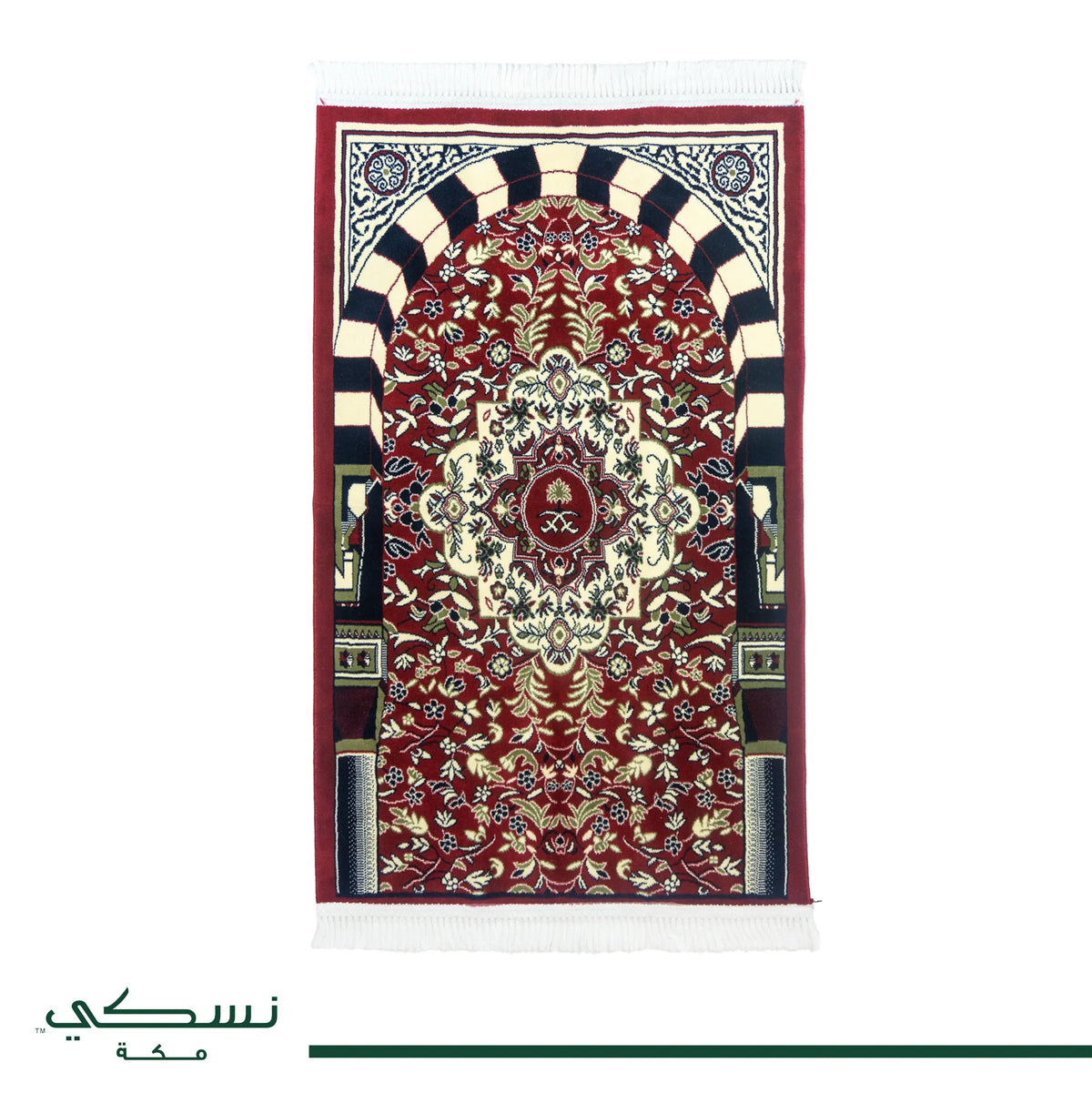 Tapis de prière rouge en velours luxe Nusuki Riyadh Al Salihyen, texture douce et élégante pour la pratique religieuse.