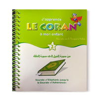 Livre enfant "J'apprends le Coran à mon enfant (2)" de Pixelgraf, couverture illustrée avec sourates l'Éléphant à l'Adhérence.