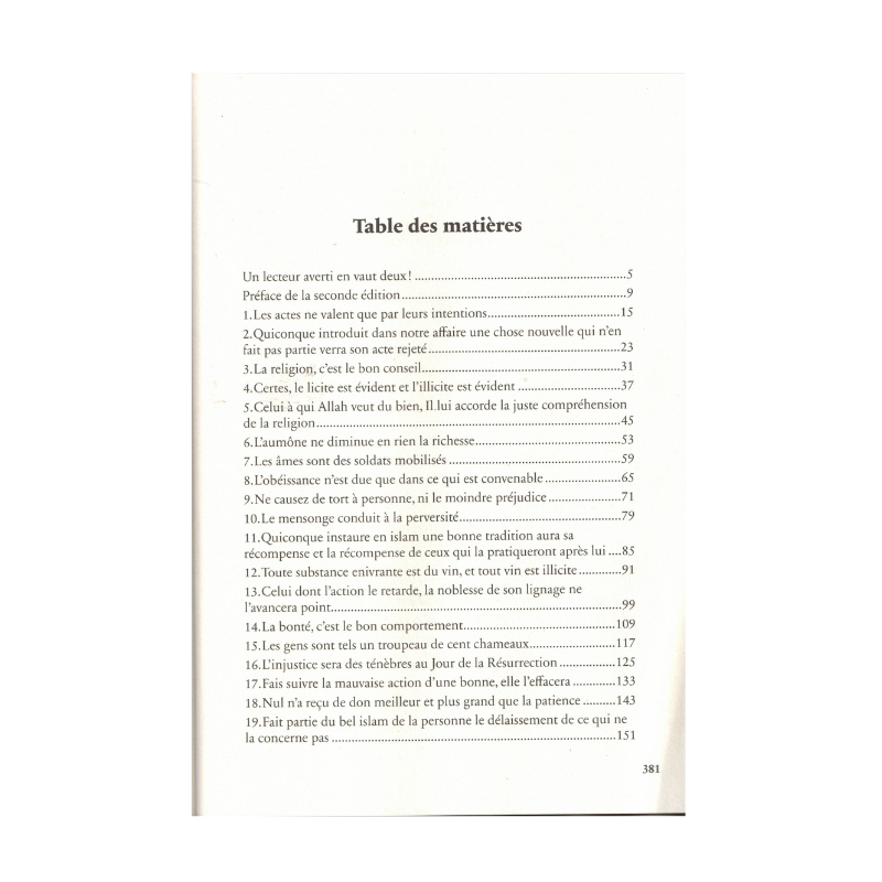 Sommaire des Préceptes prophétiques (Qawâ'id nabawiyya), page 1 sur 3, éditions Al Bayyinah